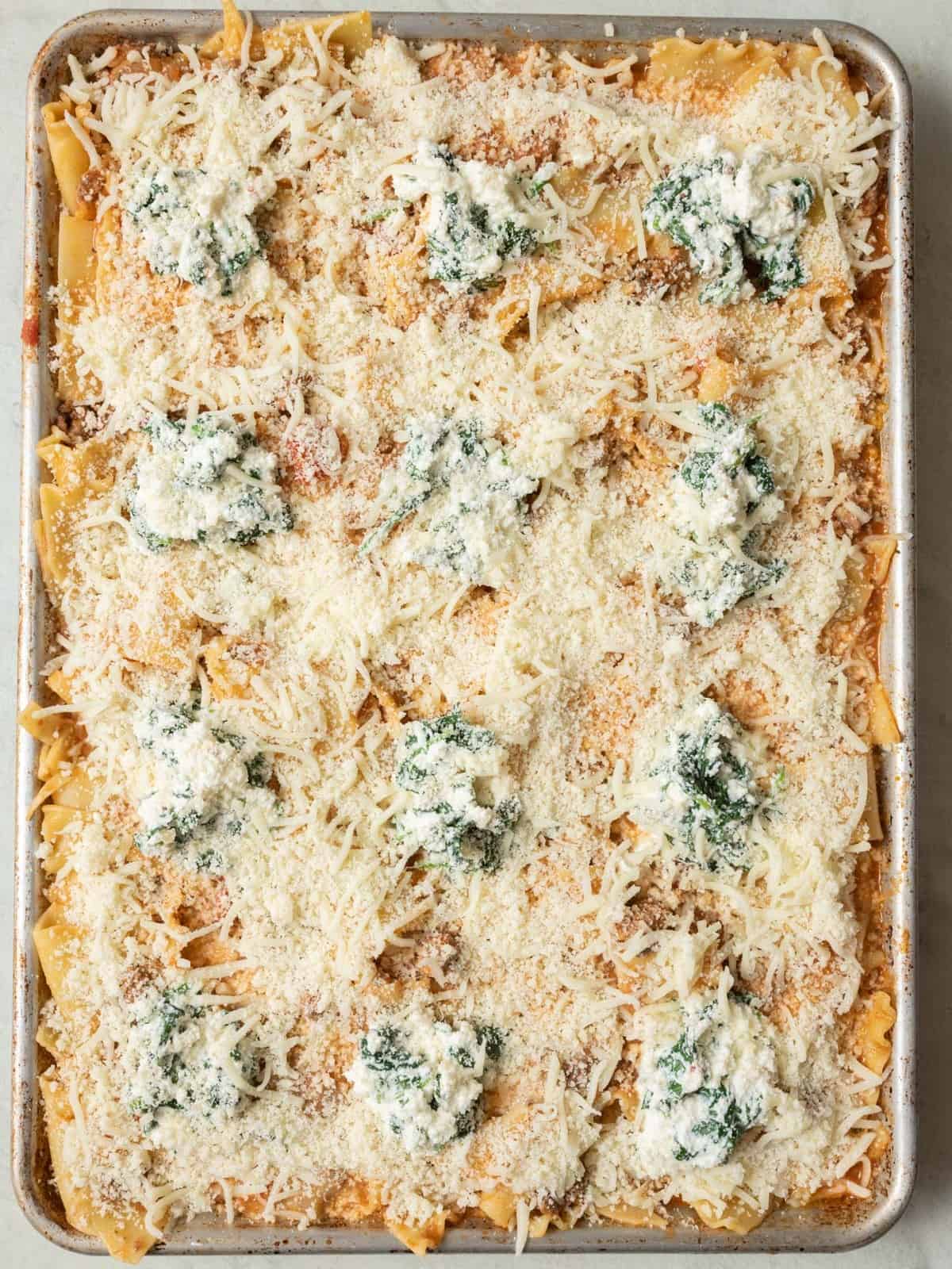 Lasagna mixture spread into the prepared baking sheet with ricotta spinach mixture added and shredded cheese.
