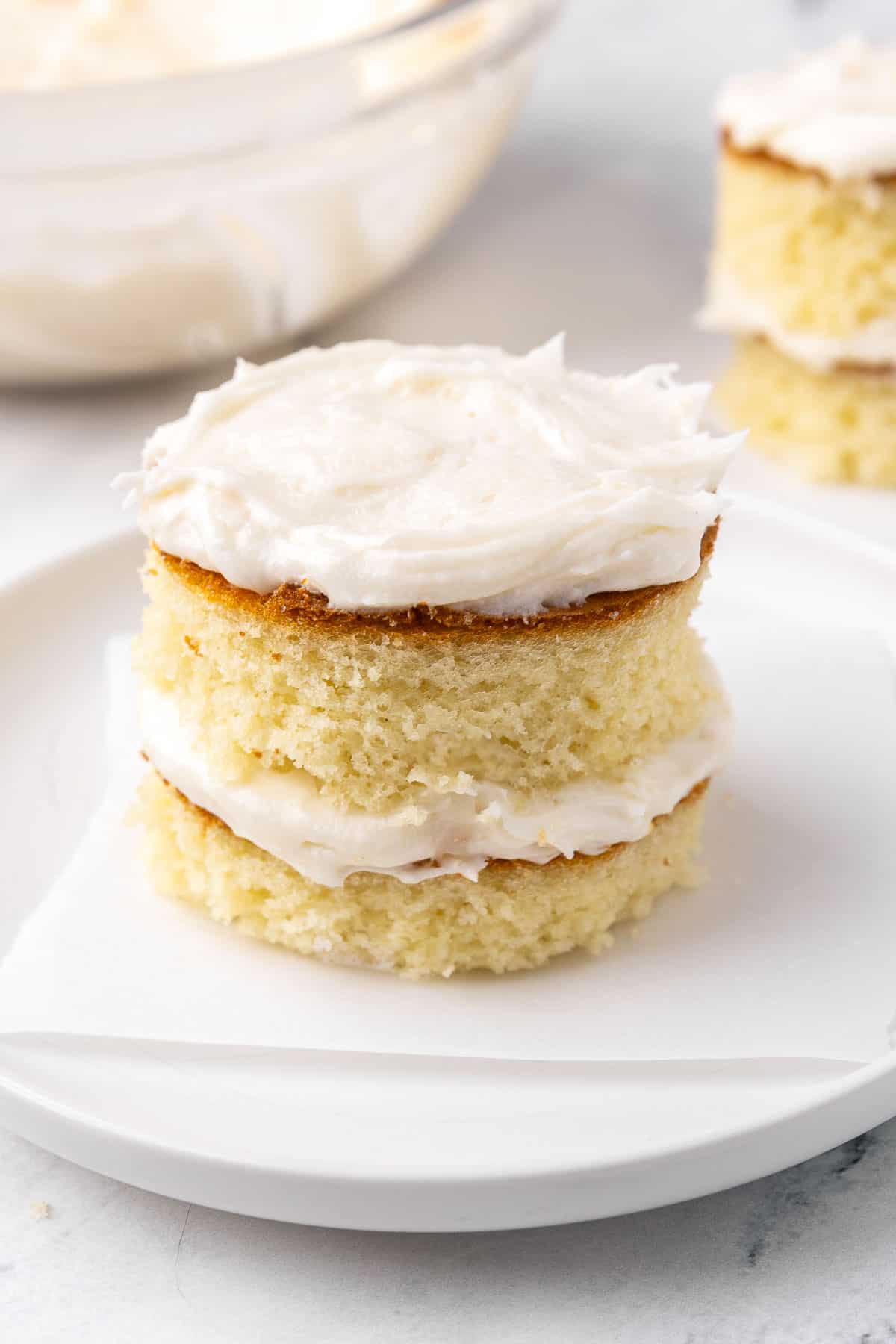 Small two layer cake frosted with buttercream.