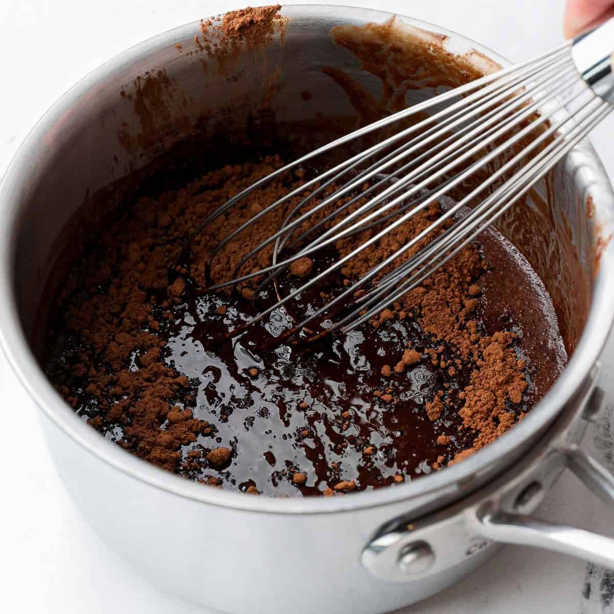Stirring the butter and chocolate after heating up.