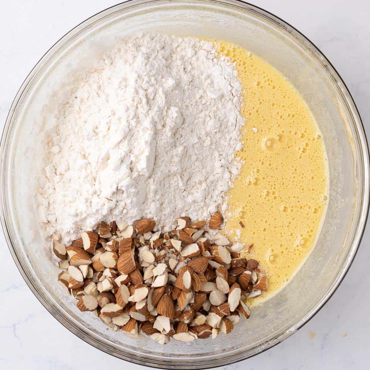 After combining with flour mixture and chopped almonds added on top.