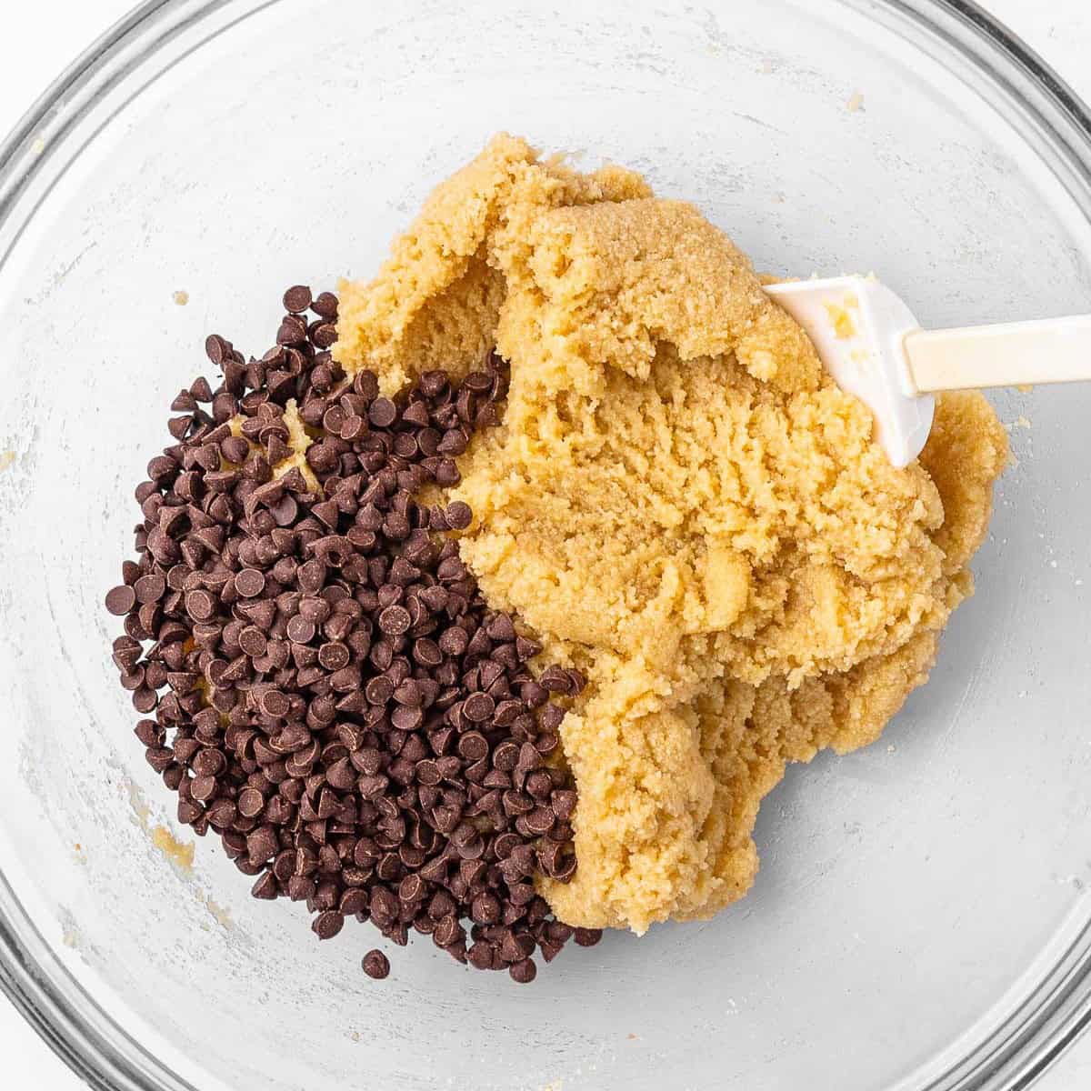 After mixing with chocolate chips added on top before combined.