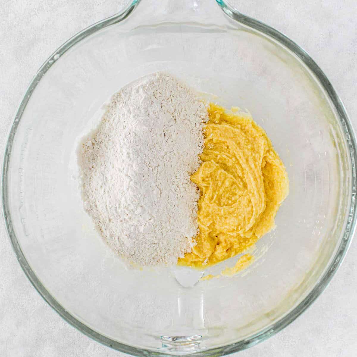 After mixing in the egg and vanilla with flour added before combining.
