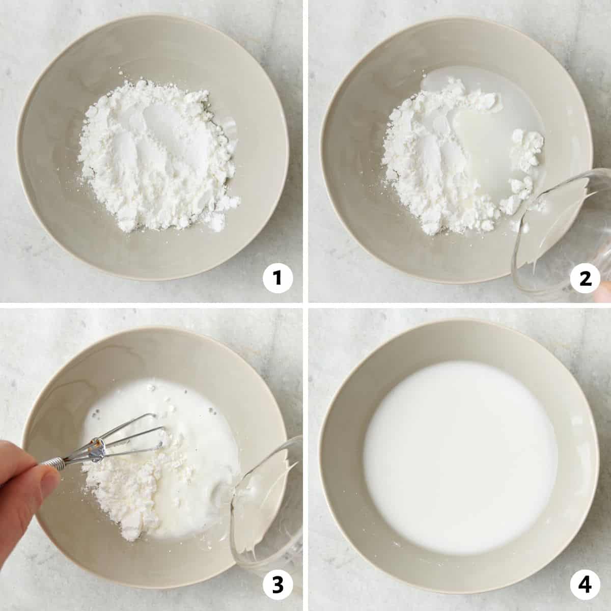 4 image collage making recipe: 1- cornstarch in a bowl, 2- water being added, 3- whisking water and cornstarch together, 4- after combined.