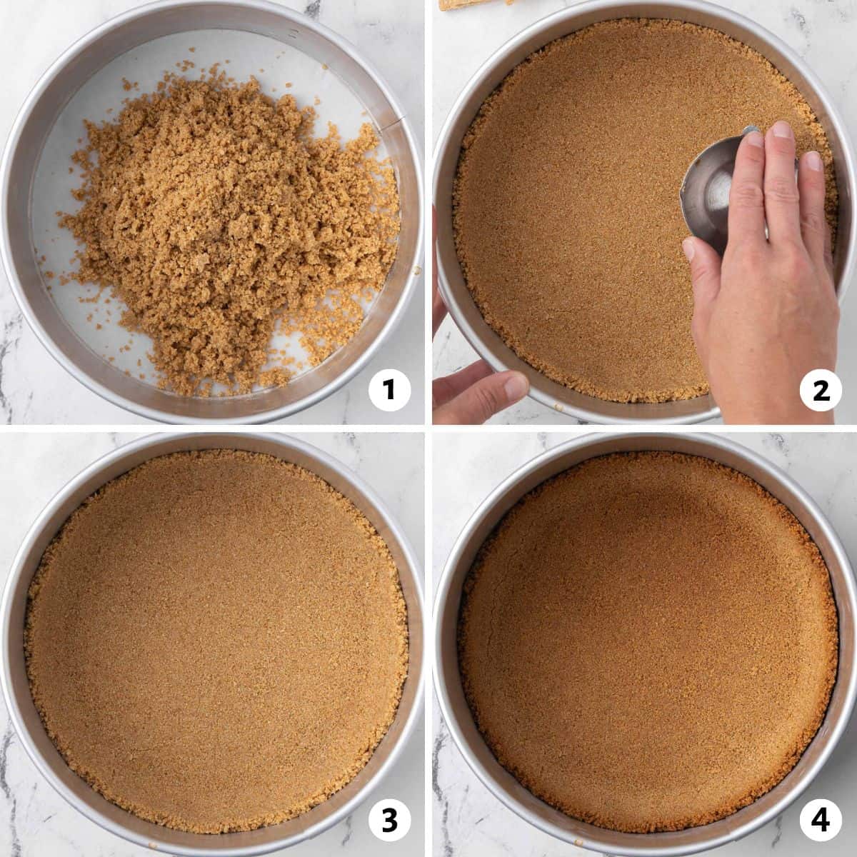 4 image collage making recipe: graham cracker crumb crust mixture added to a springform pan, 2- pressing crumbs into pan, 3- before toasting crust, 4- after toasting crust.