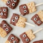 Monster rice krispie treats on a popsicle stick.