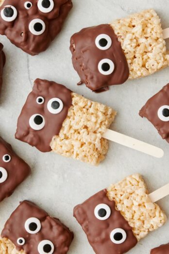 Monster rice krispie treats on a popsicle stick.
