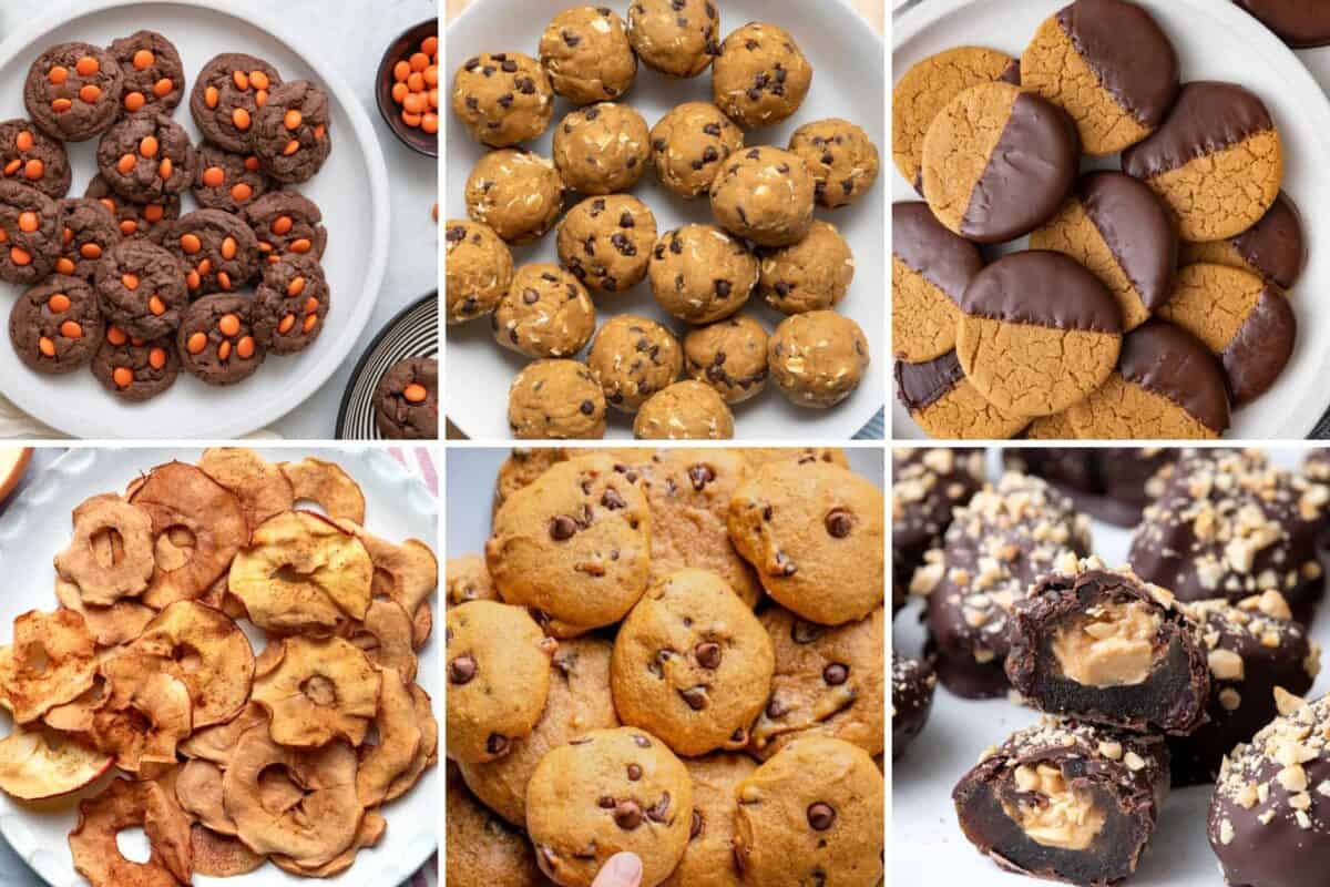 6 image collage of Halloween treats.