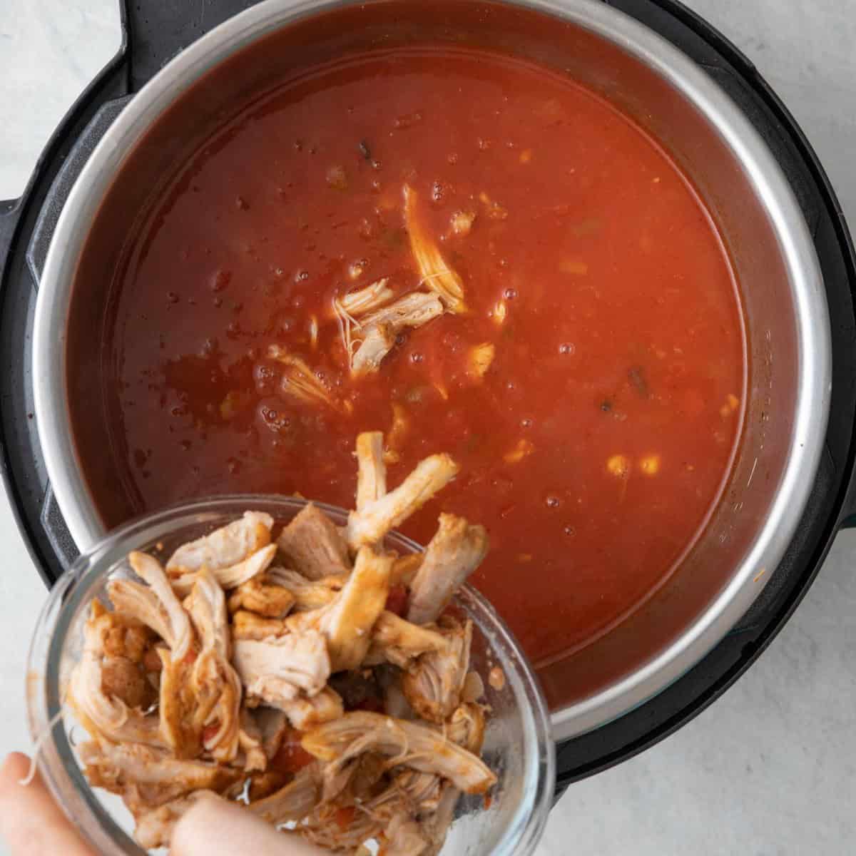 Soup in IP with shredded chicken added back with beans and corn added before combining.