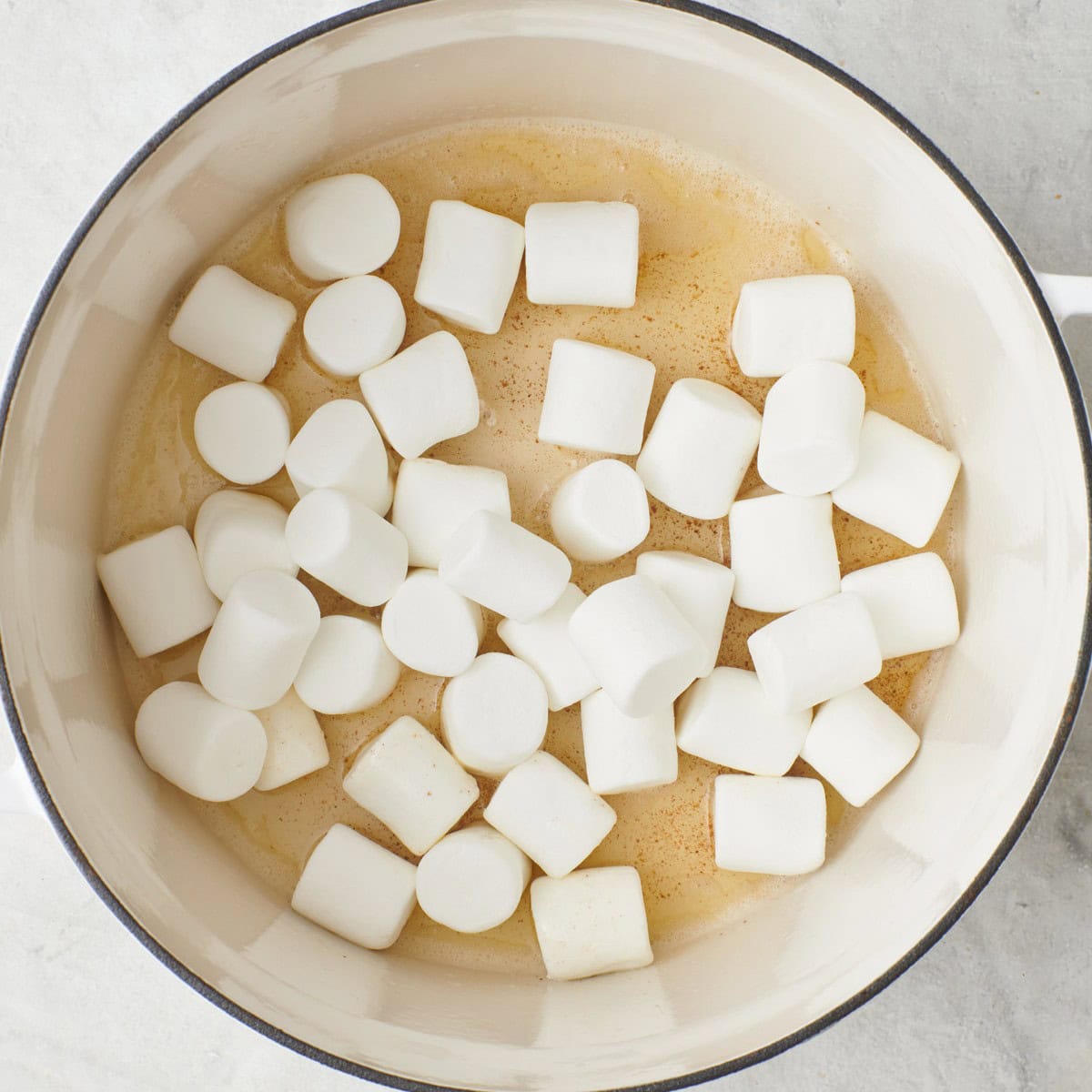 Marshmallows added before melting.