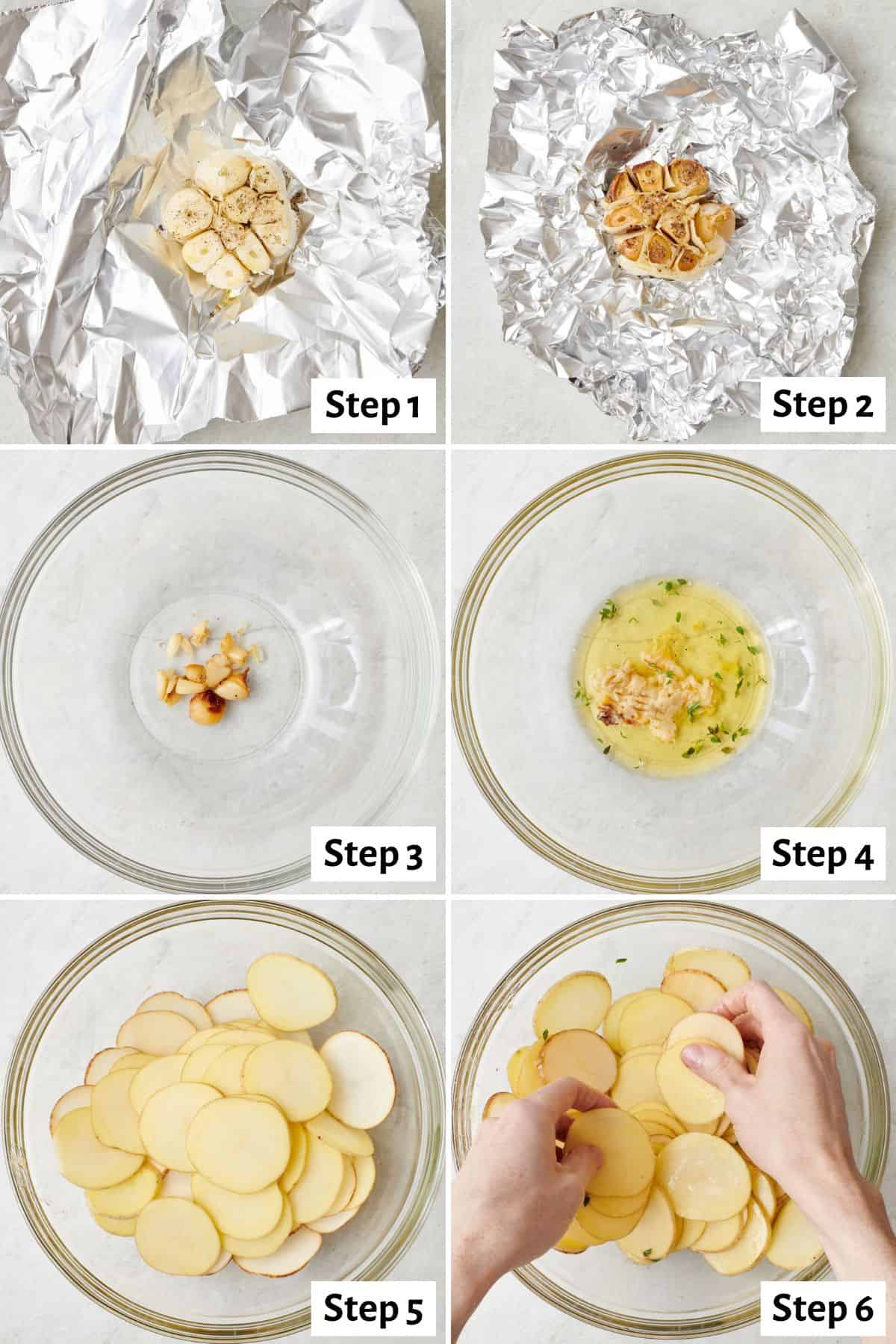 6 image collage preparing recipe: 1- heat of garlic with the top trimmed off sitting on foil before roasting, 2- garlic after roasting, 3- roasted garlic cloves in a bowl, 4- oil and seasoning added, 5- thinly sliced potatoes added on top of roasted garlic mixture, 6- hands coating the slices in mixture.