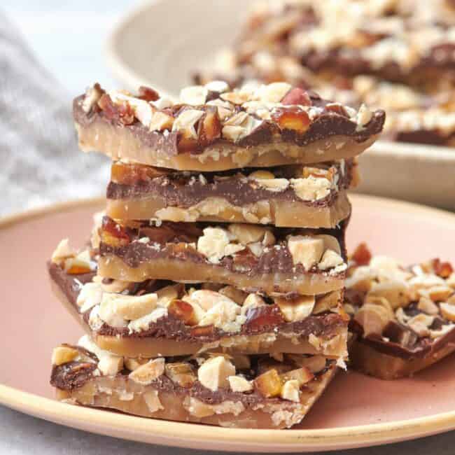 Stack of toffee on plate.