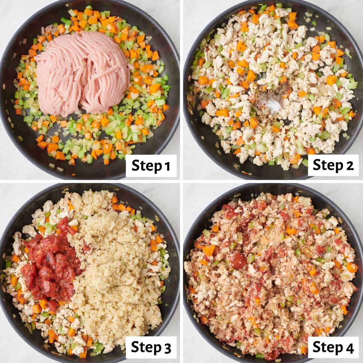 4 image collage making recipe filling in a skillet: step 1- onions, carrot, and celery after cooking with ground turkey added, step 2- after the turkey is cooked and broken into pieces with garlic, Italian seasoning, and red pepper flakes added before mixing.