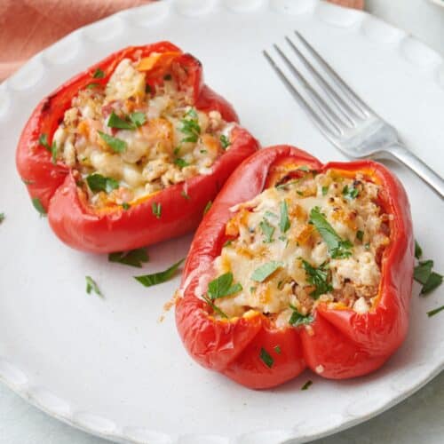 Two turkey stuffed pepper halves on a plate.