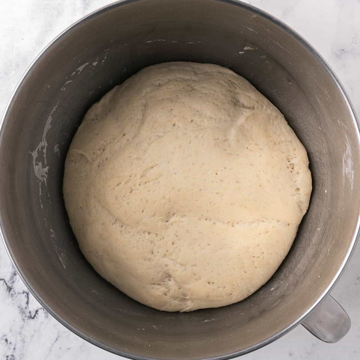 Dough after doubling in size still in stand mixer bowl in the bowl.