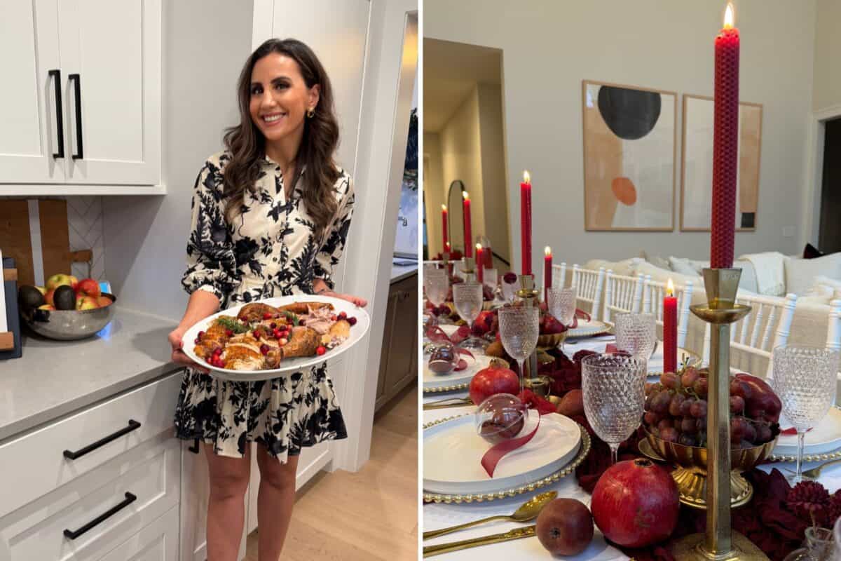 Yumna holding turkey and Friendsgiving tablescape