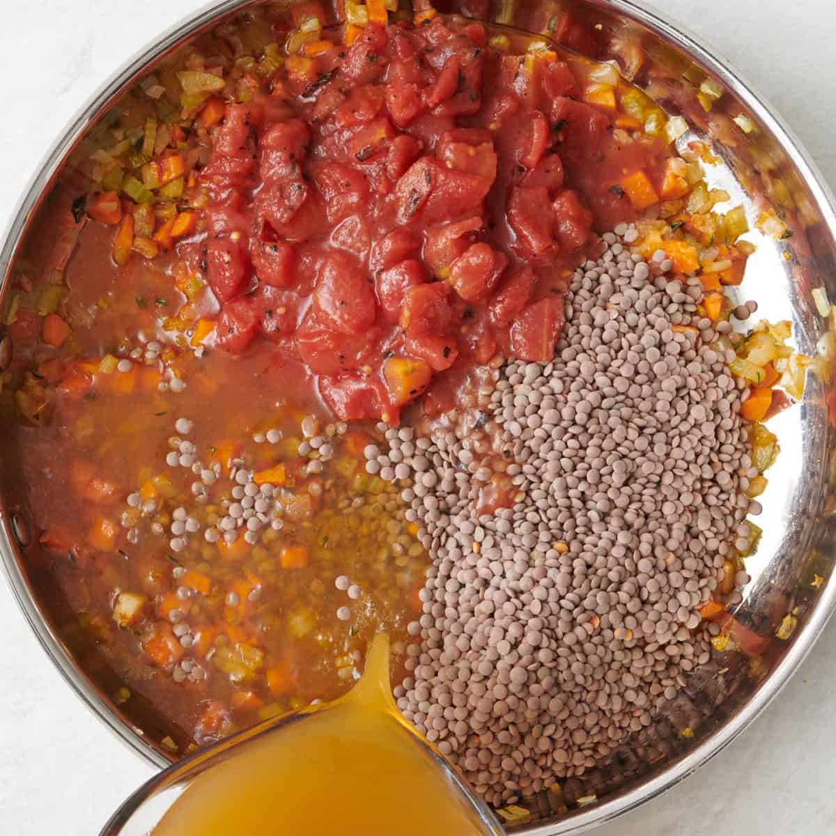 Added the lentils, diced tomatoes, and stock.