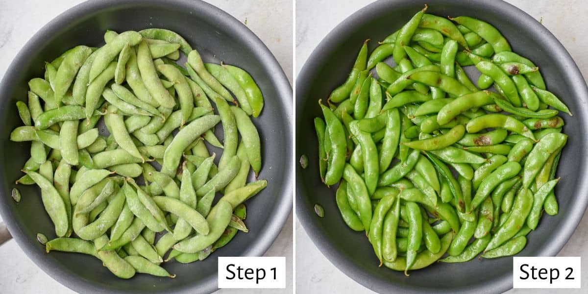 2 image collage of edamame in a skillet before pan frying and after pan frying.