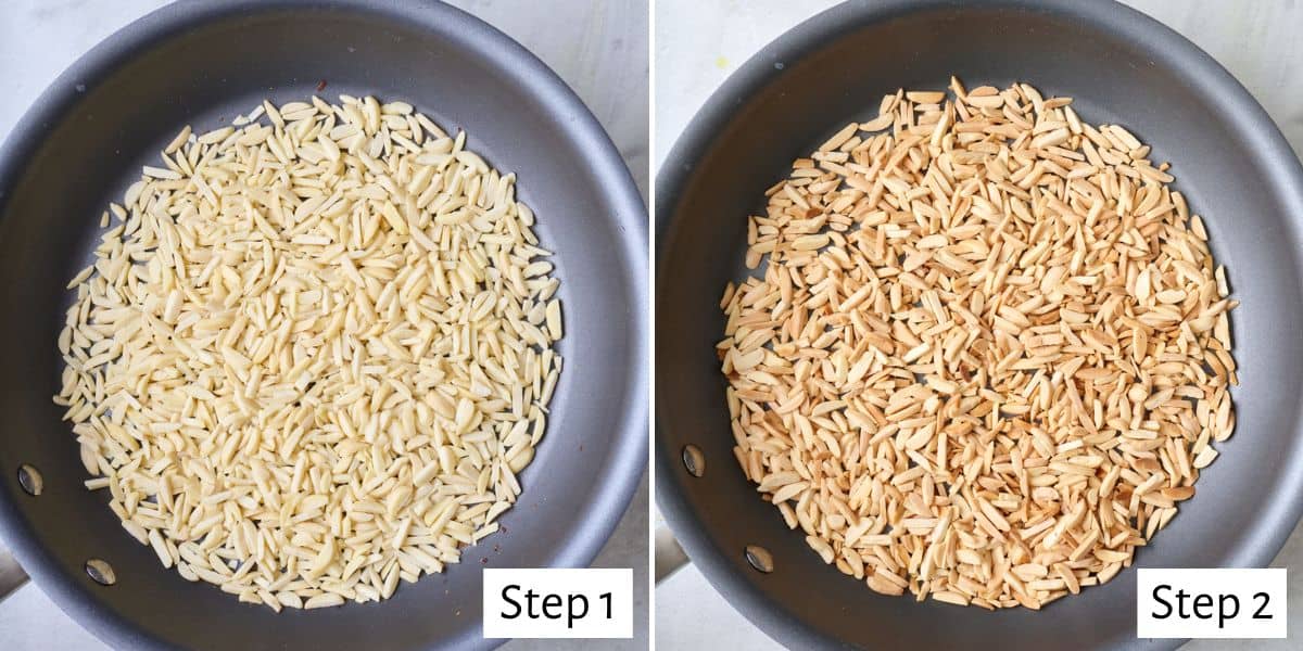 2 image collage of slivered almonds before and after toasting in a pan.