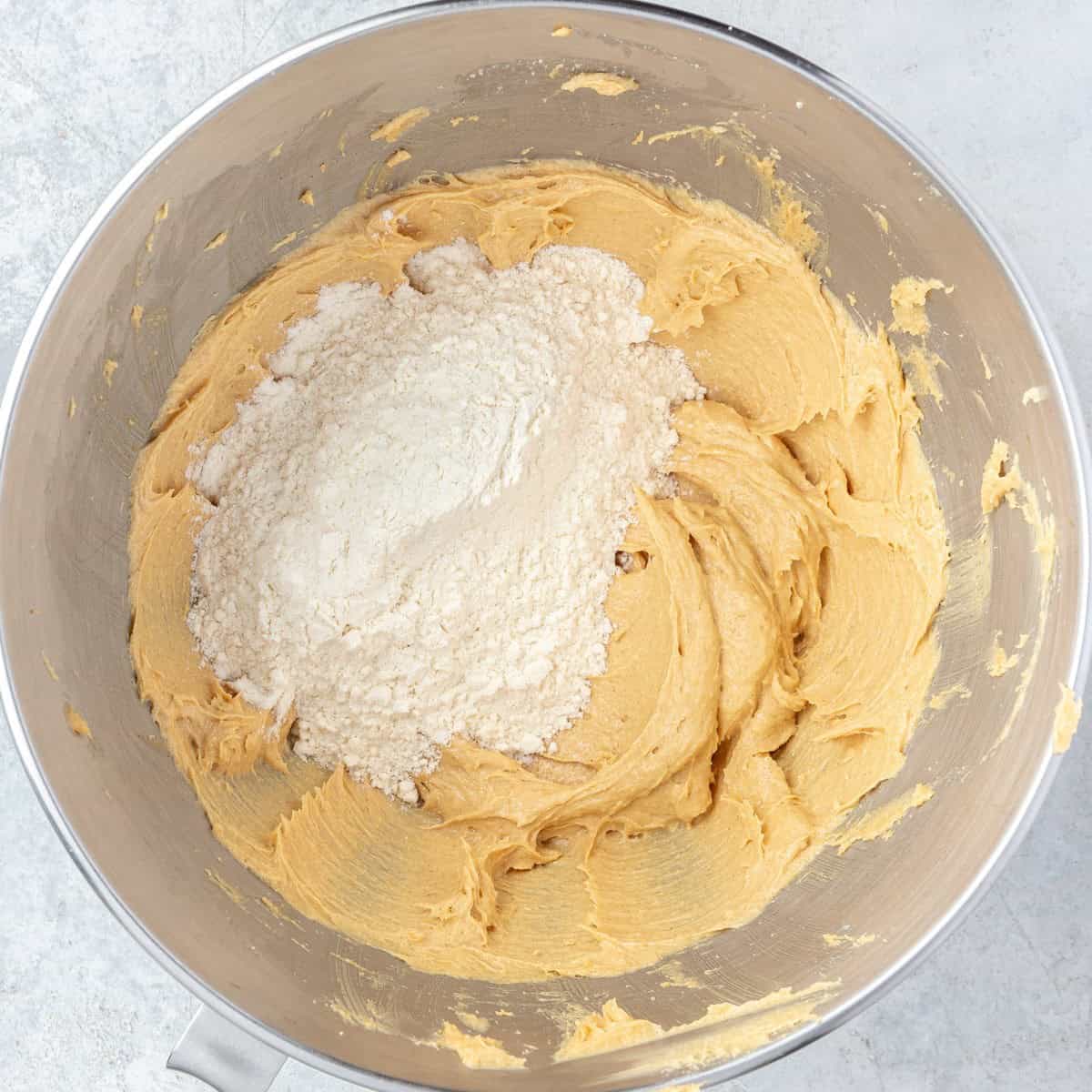 After mixing with dry ingredients added to the side so that the peanut butter mixture is still visible.