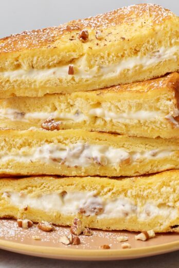 Stuffed french toast on a plate.