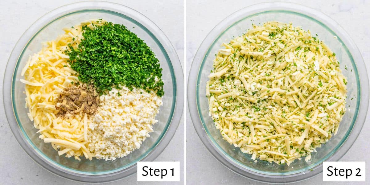 2 image collage showing filling ingredients before and after combining.