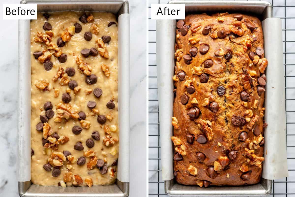 2 image collage of banana bread batter in a parchment paper lined loaf pan, before and after baking.