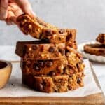 Stack of chocolate chip banana bread slices.