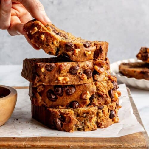 Stack of chocolate chip banana bread slices.