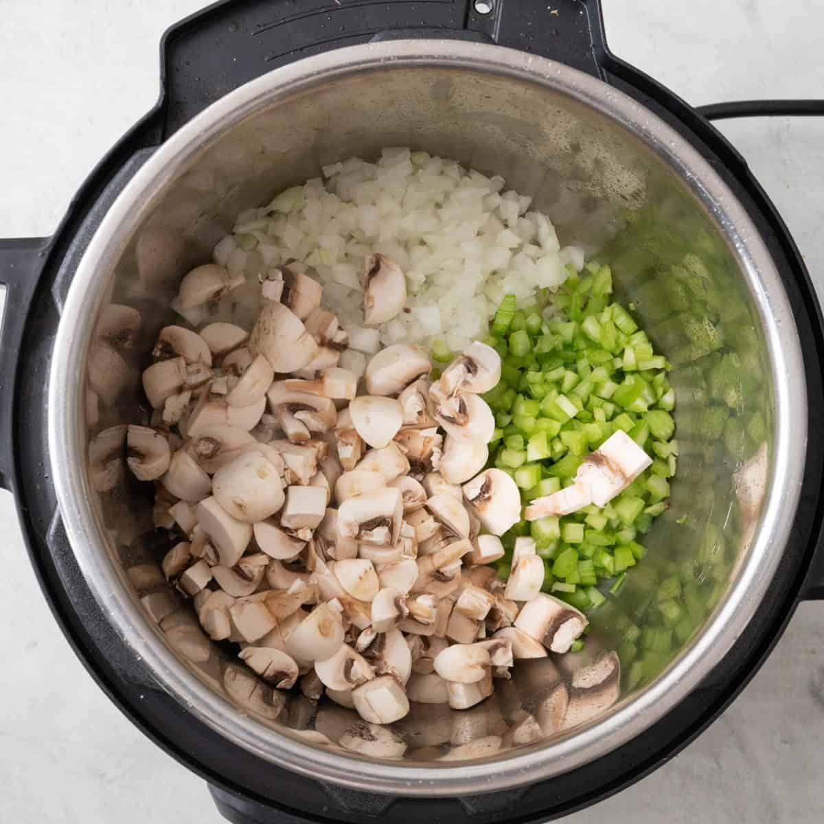 Chicken removed and onion, celery, and mushrooms added before cooking.