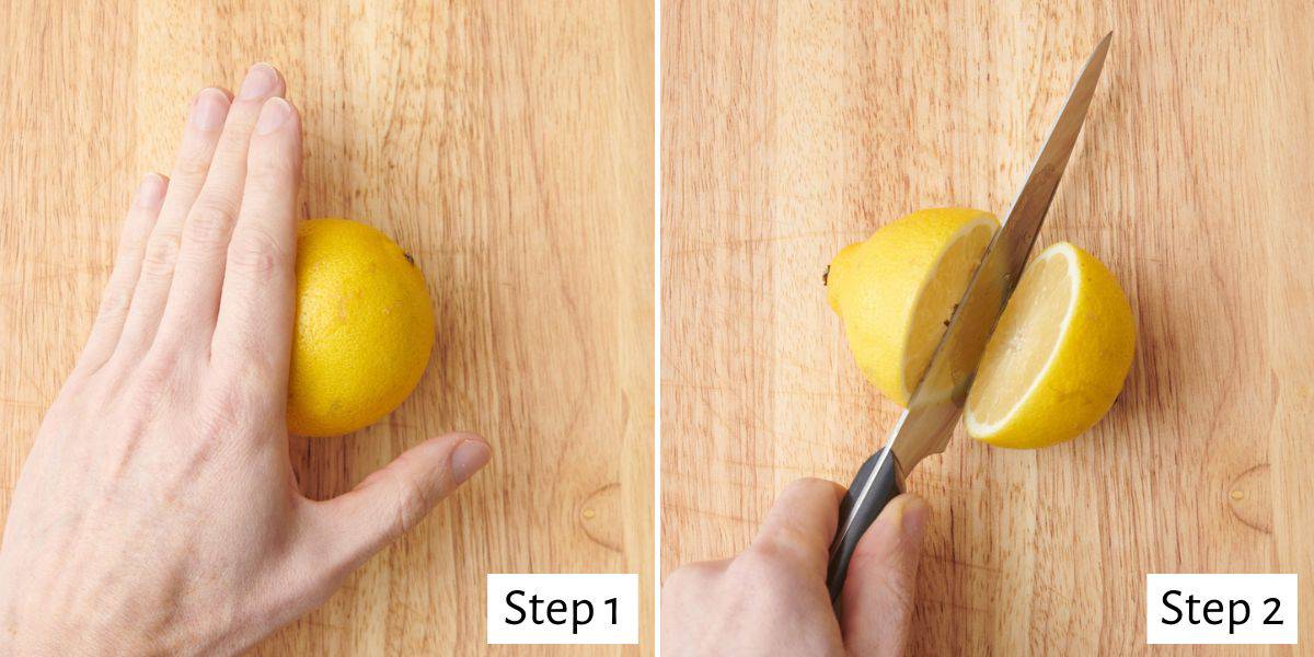 2-image collage of prepping the lemon: 1 - Hand rolling a lemon firmly on cutting board; 2 - Cutting lemon in half.