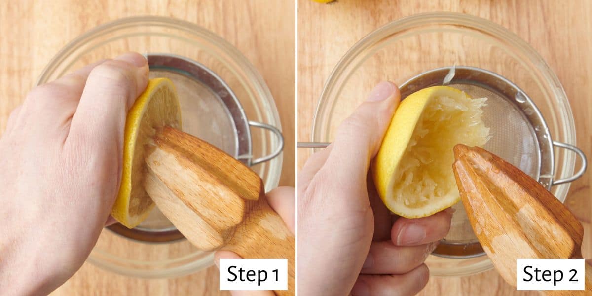 2-image collage of citrus reamer method: 1 - Hand holding half a lemon over a sieve, with a citrus reamer pressed into the lemon; 2 - Hand holding lemon after fully squeezing with citrus reamer.