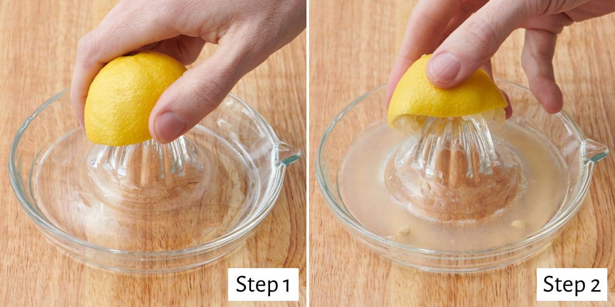 2-image collage of citrus juicer method: 1 - Hand holding half a lemon slightly pressed into citrus juicer; 2 - Hand squeezing lemon fully and twisting to juice.