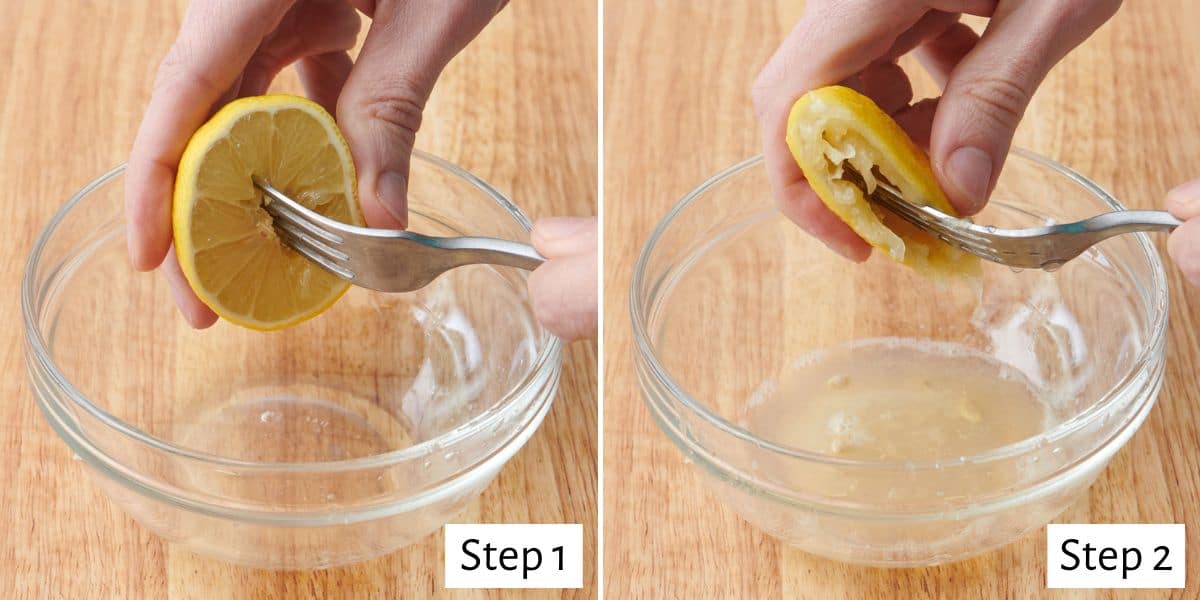 2-image collage of fork method: 1 - Hand holding a half of a lemon with a fork pressed and slightly twisted into lemon flesh; 2 - Hand squeezing lemon fully with fork twisted fully.