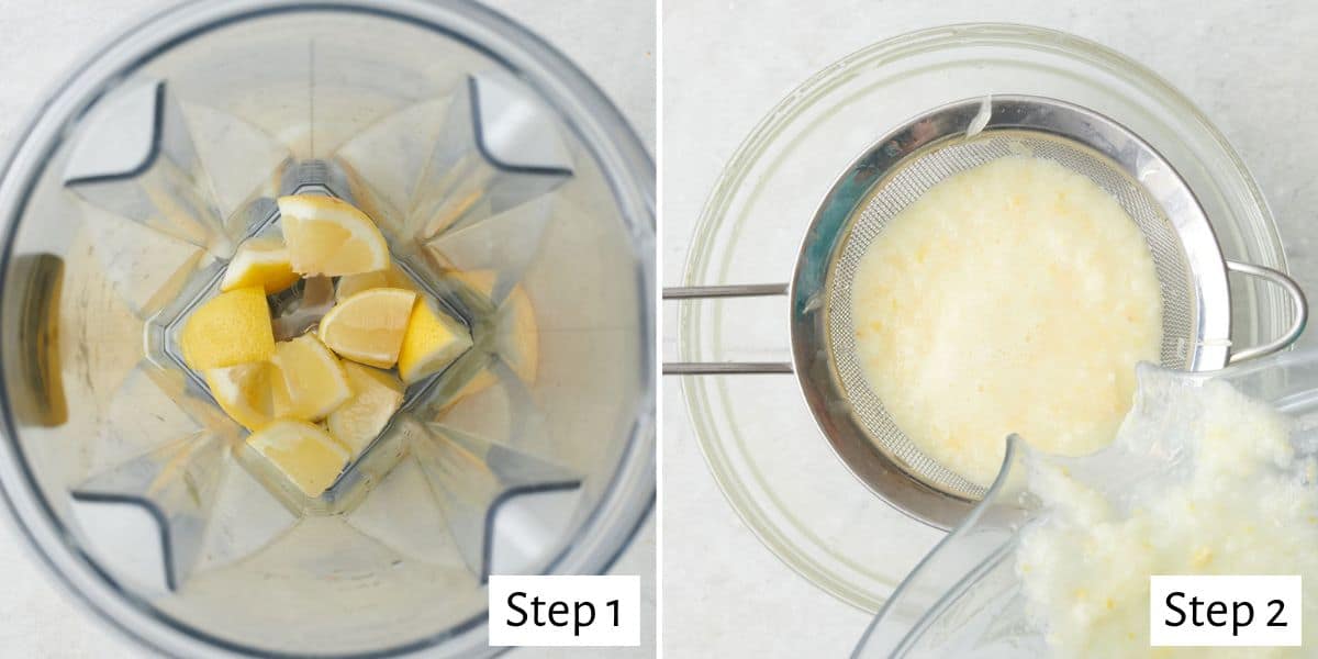 2-image collage of blender method: 1 - Lemon chunks and water in a blender before blending; 2 - Pouring blended lemon through a sieve.