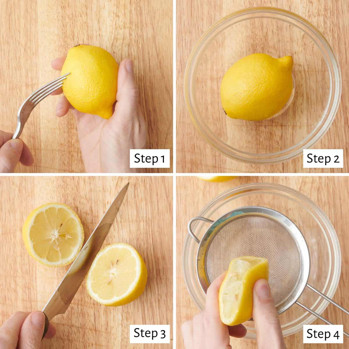 4-image collage of microwave method: 1 - Hand holding a lemon, puncturing it with a fork; 2 - Lemon in a bowl; 3 - Cutting lemon in half on a cutting board; 4 - Hand holding half a cut lemon and squeezing juice into a sieve over a bowl.