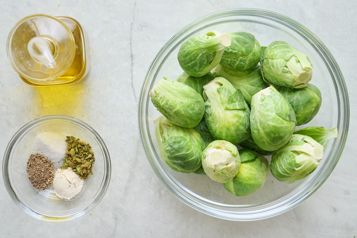 Ingredients for recipe: brussel sprouts, oil, and spices.