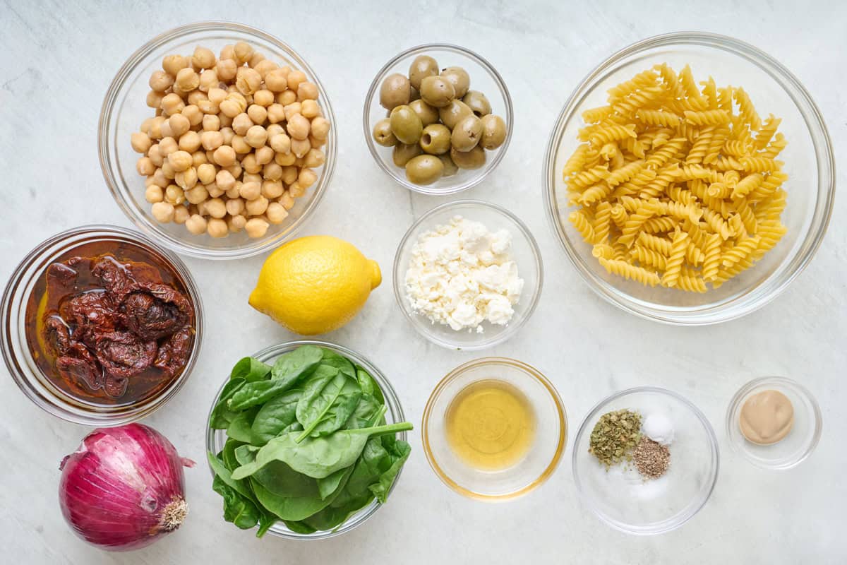 Ingredients for recipe: sun dried tomatoes, oil, onion, pasta, Dijon mustard, spices and lemon.