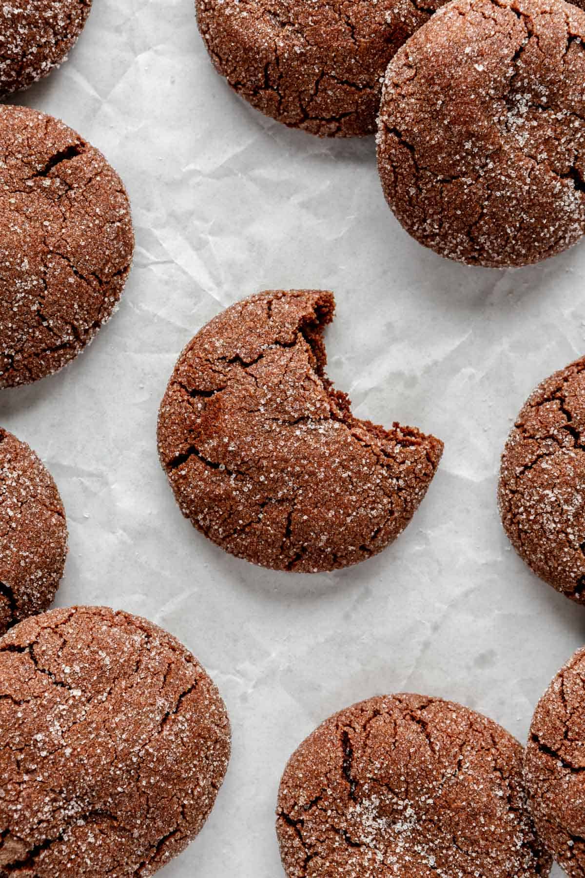 Closer shot of chocolate sugar cookies on surface with a bite taken out of one.