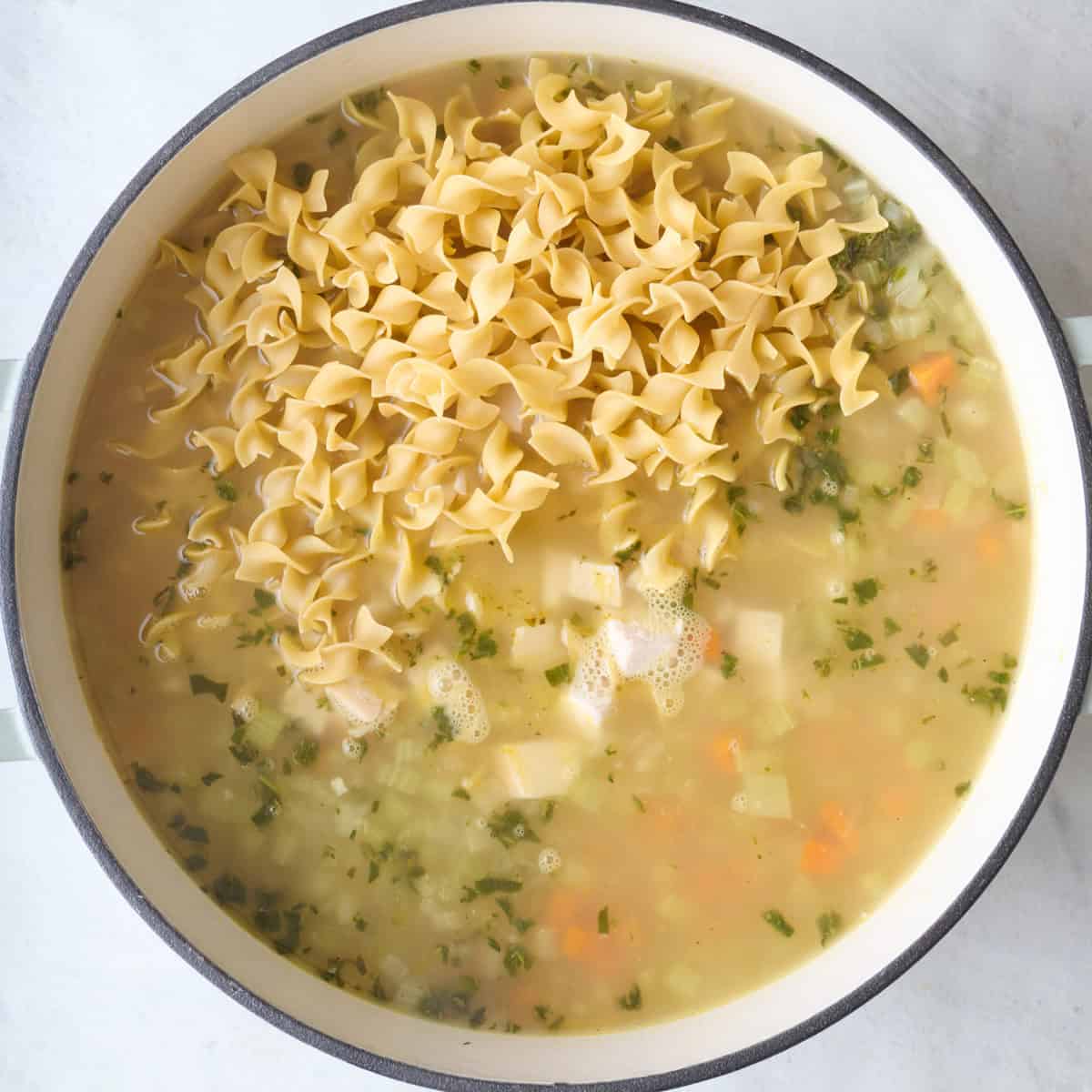 Egg noodles and diced turkey added to soup pot before cooking.