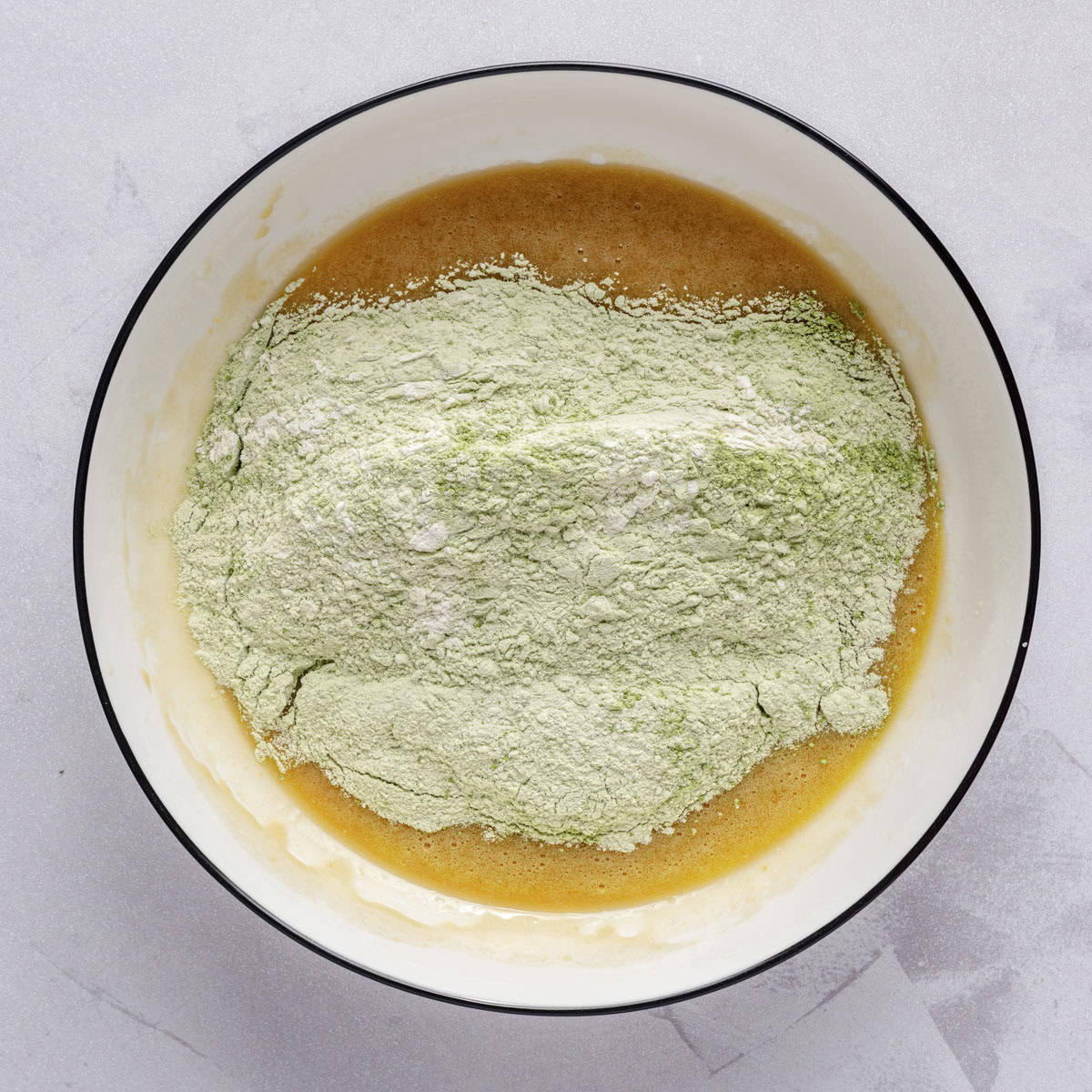 Dry ingredients added on top of combined wet mixture.