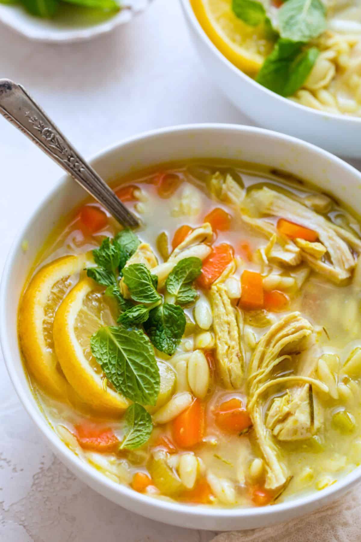 Homemade chicken lemon orzo soup.