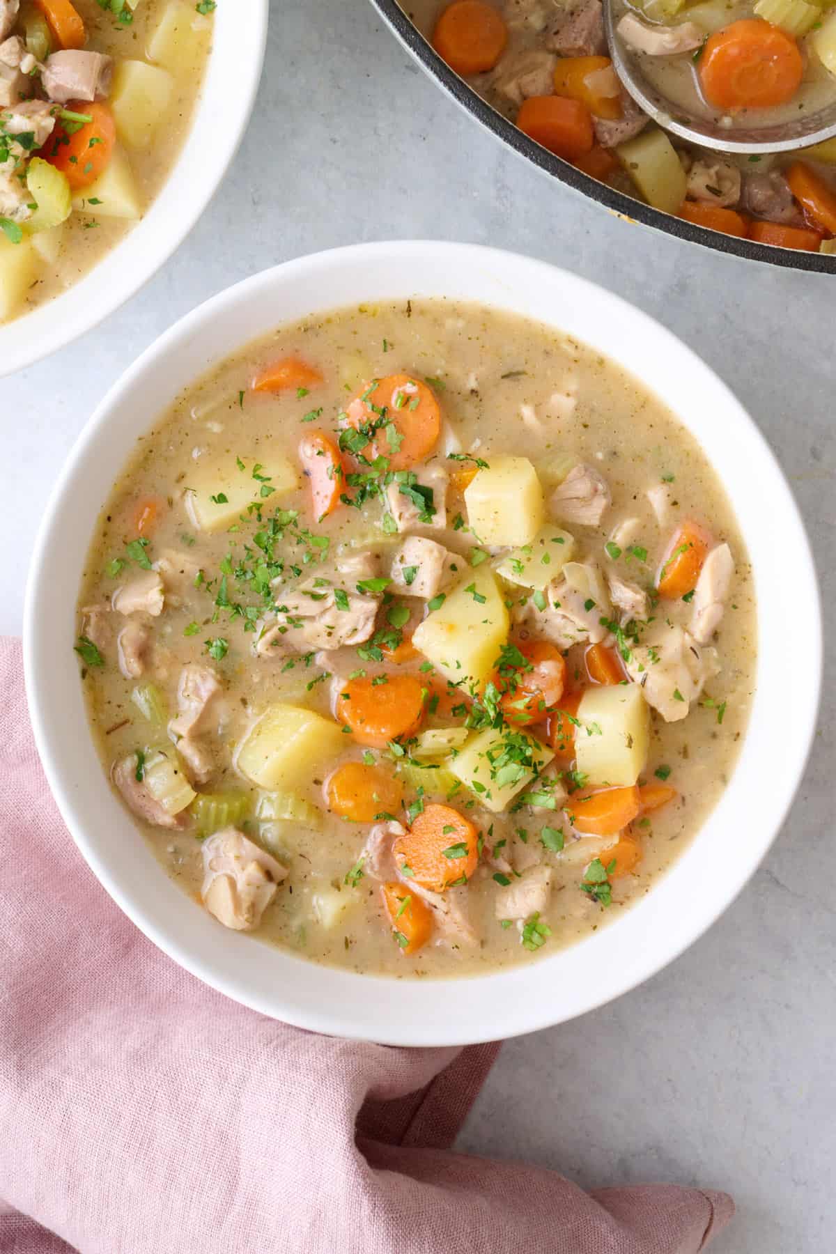 Homemade chicken stew in a bowl with pot nearby.