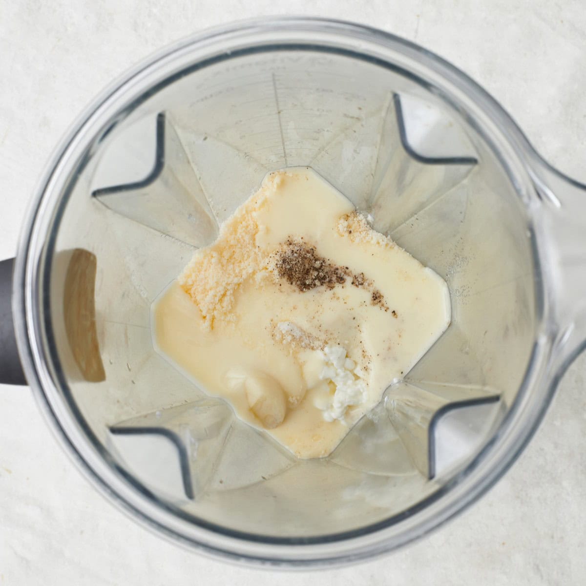 Cottage cheese, parmesan, garlic, and seasoning in a blender.