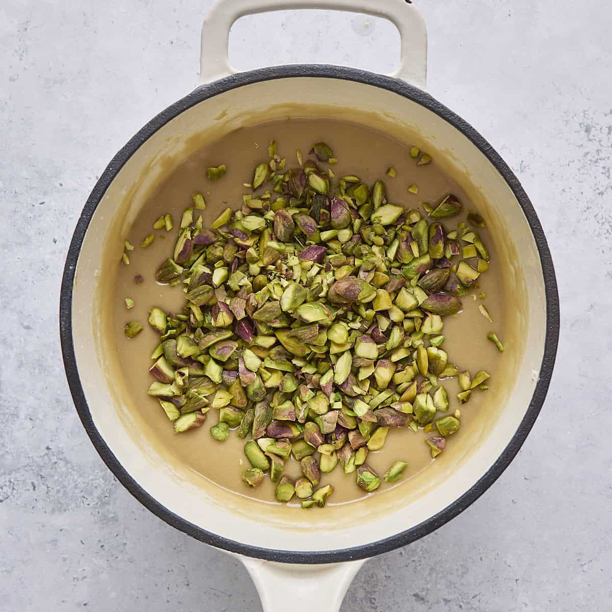 After combining tahini a candy with pistachios added on top.