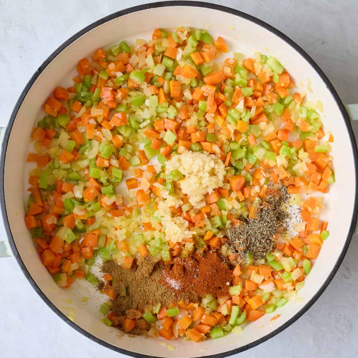 After cooking veggies with garlic, cumin, paprika, and thyme added.