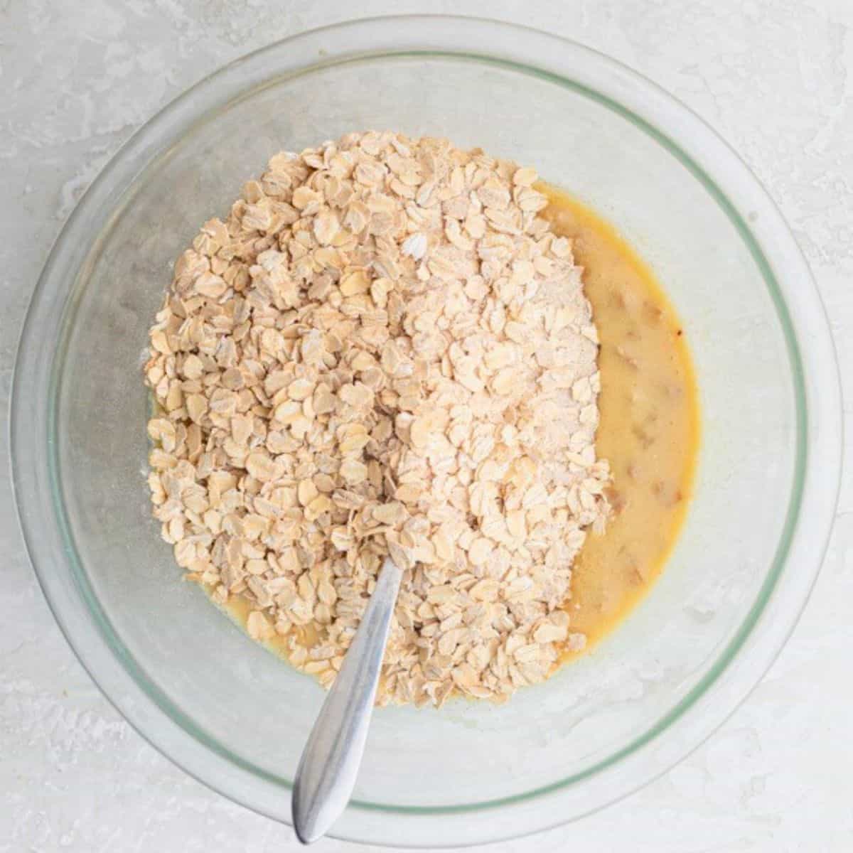 Dry ingredients added to wet mixture.