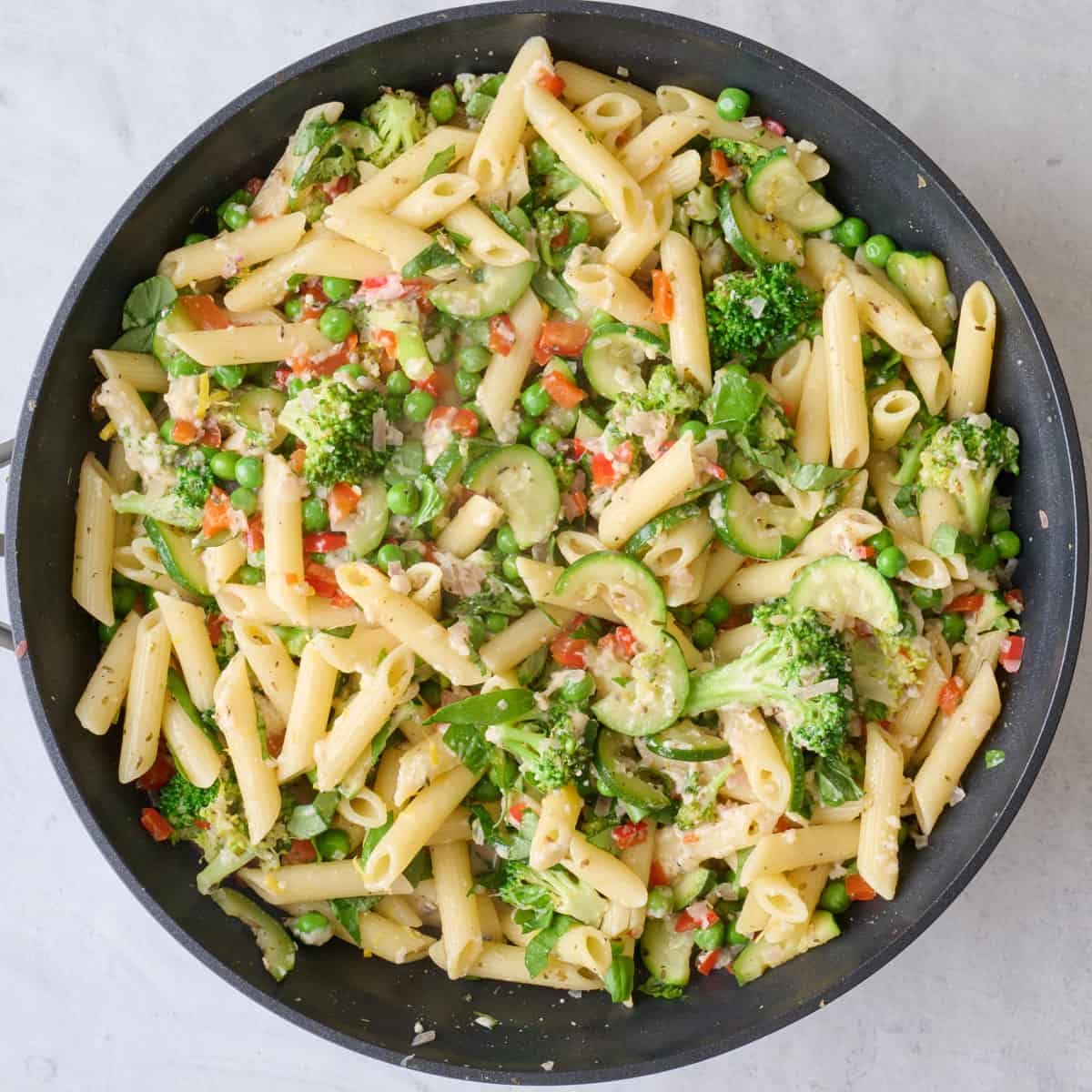After tossing cheese and herbs with veggie pasta recipe.