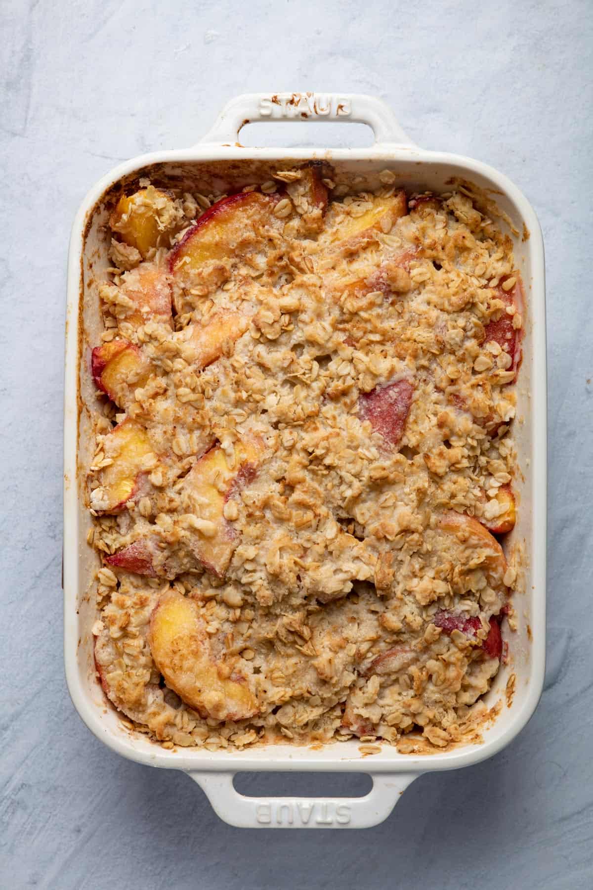 Recipe after baking with a golden brown crumble.