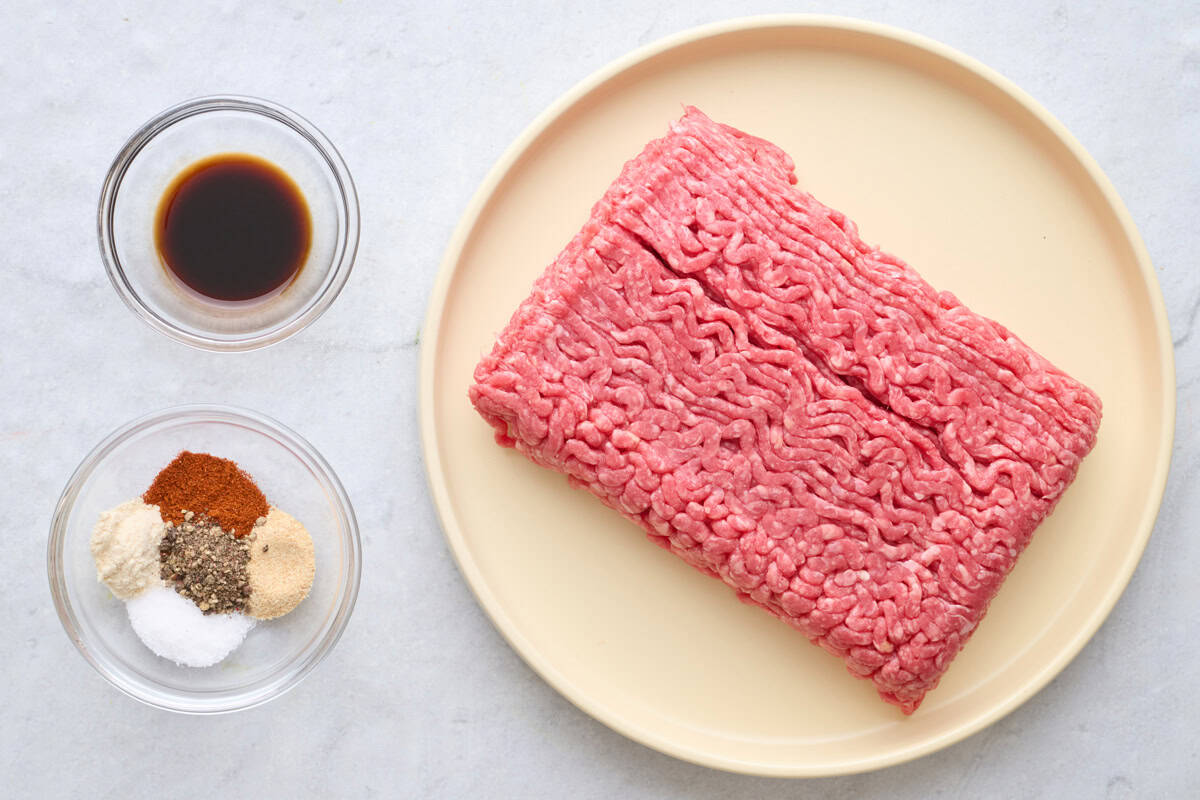 Ingredients for recipe: ground beef, Worcestershire sauce, and spice blend.