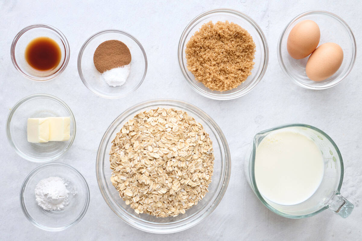 Ingredients for recipe: vanilla, butter, baking powder, cinnamon and salt, rolled oats, brown sugar, milk and eggs.